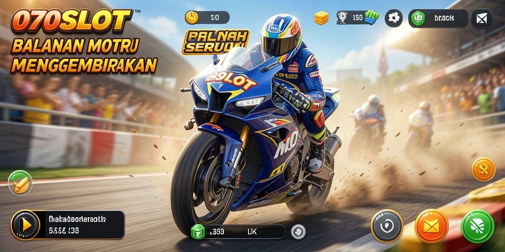 Tampilan gameplay menegangkan dalam 070SLOT saat balapan motor.
