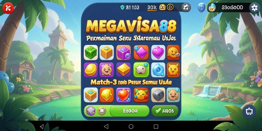 Tangkapan layar permainan MEGAVISA88 dengan gameplay Match-3 yang seru.