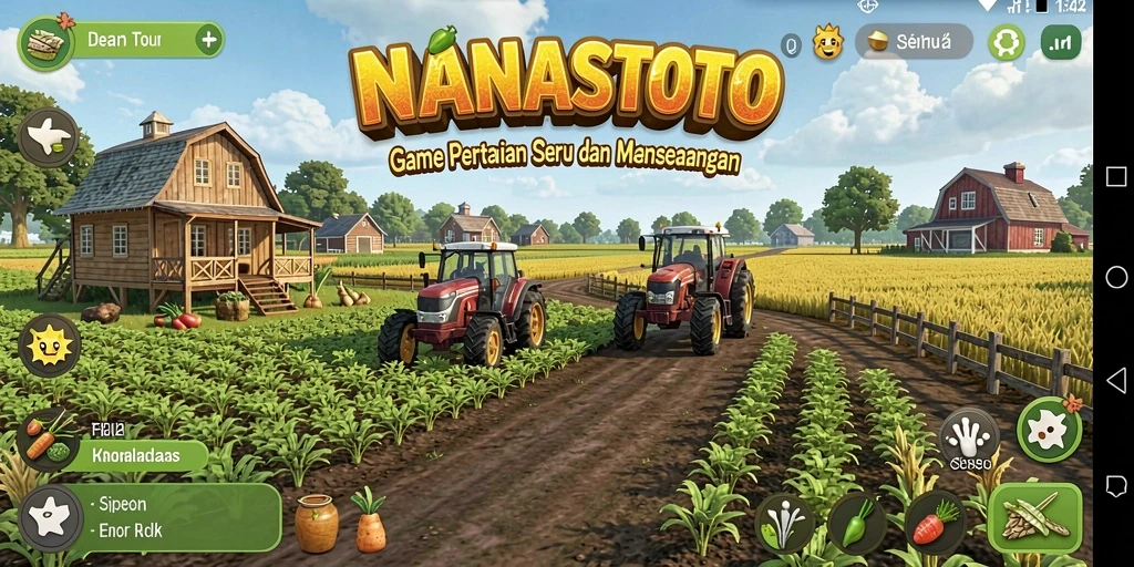 Tampilan gameplay NANASTOTO yang penuh warna dan menyenangkan di dunia pertanian.