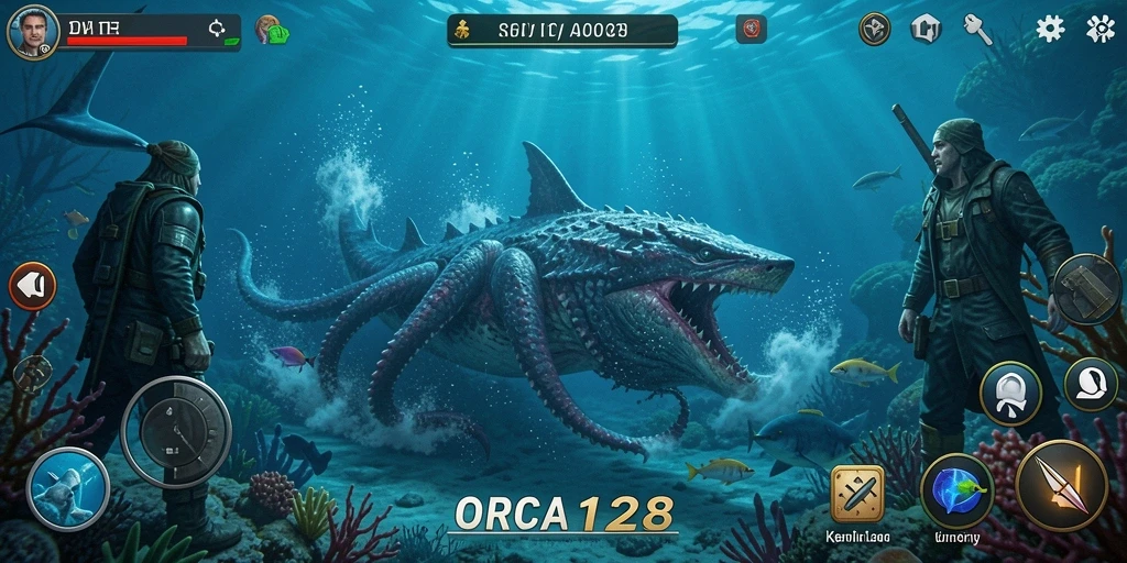 Screenshot gameplay ORCA128 menampilkan ketegangan yang mencekam di laut dalam.