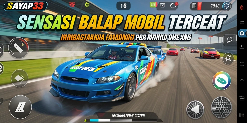 Tampilan utama gameplay SAYAP33 dengan mobil balap di lintasan.